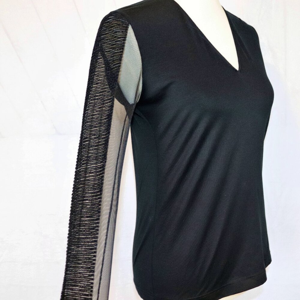 AKRIS 8 Sheer Black Mesh Organza Long Sleeve Illusion Stretch Blouse Top